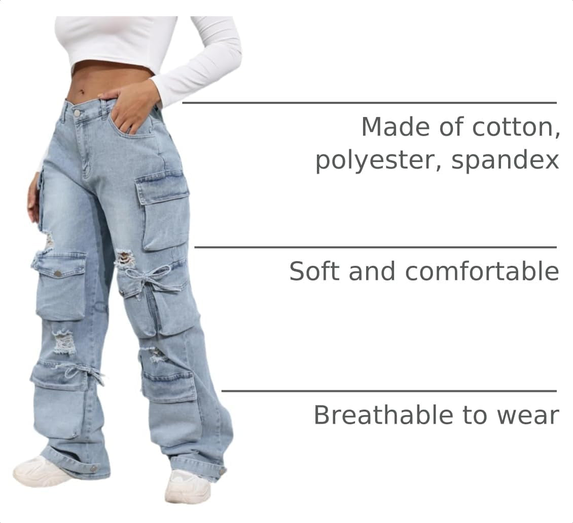 Women’S Baggy Jeans Y2K Cargo Jeans Casual High Waist Baggy Denim Cargo Pants with Pockets Streetwear