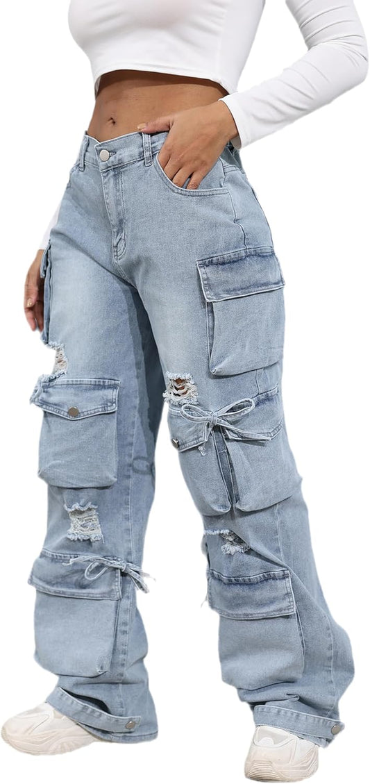 Women’S Baggy Jeans Y2K Cargo Jeans Casual High Waist Baggy Denim Cargo Pants with Pockets Streetwear