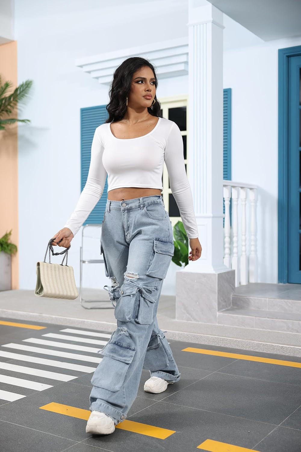 Women’S Baggy Jeans Y2K Cargo Jeans Casual High Waist Baggy Denim Cargo Pants with Pockets Streetwear