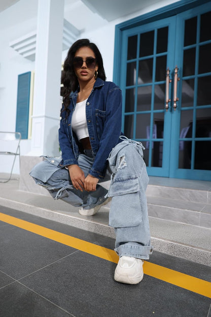Women’S Baggy Jeans Y2K Cargo Jeans Casual High Waist Baggy Denim Cargo Pants with Pockets Streetwear