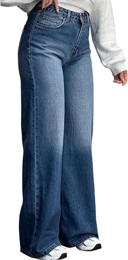 Women'S Wide Leg Jeans Casual Stretch High Rise Baggy Loose Denim Pants